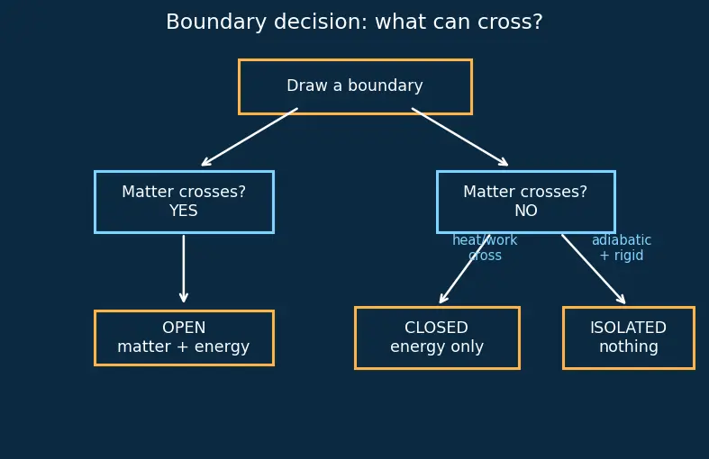 Figure — System vs surroundings; open, closed, isolated
