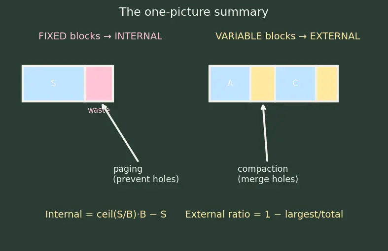 Figure — Fragmentation — internal vs external, compaction