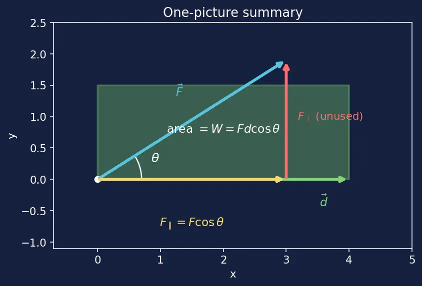 Figure — Work — definition, dot product F·d, sign convention