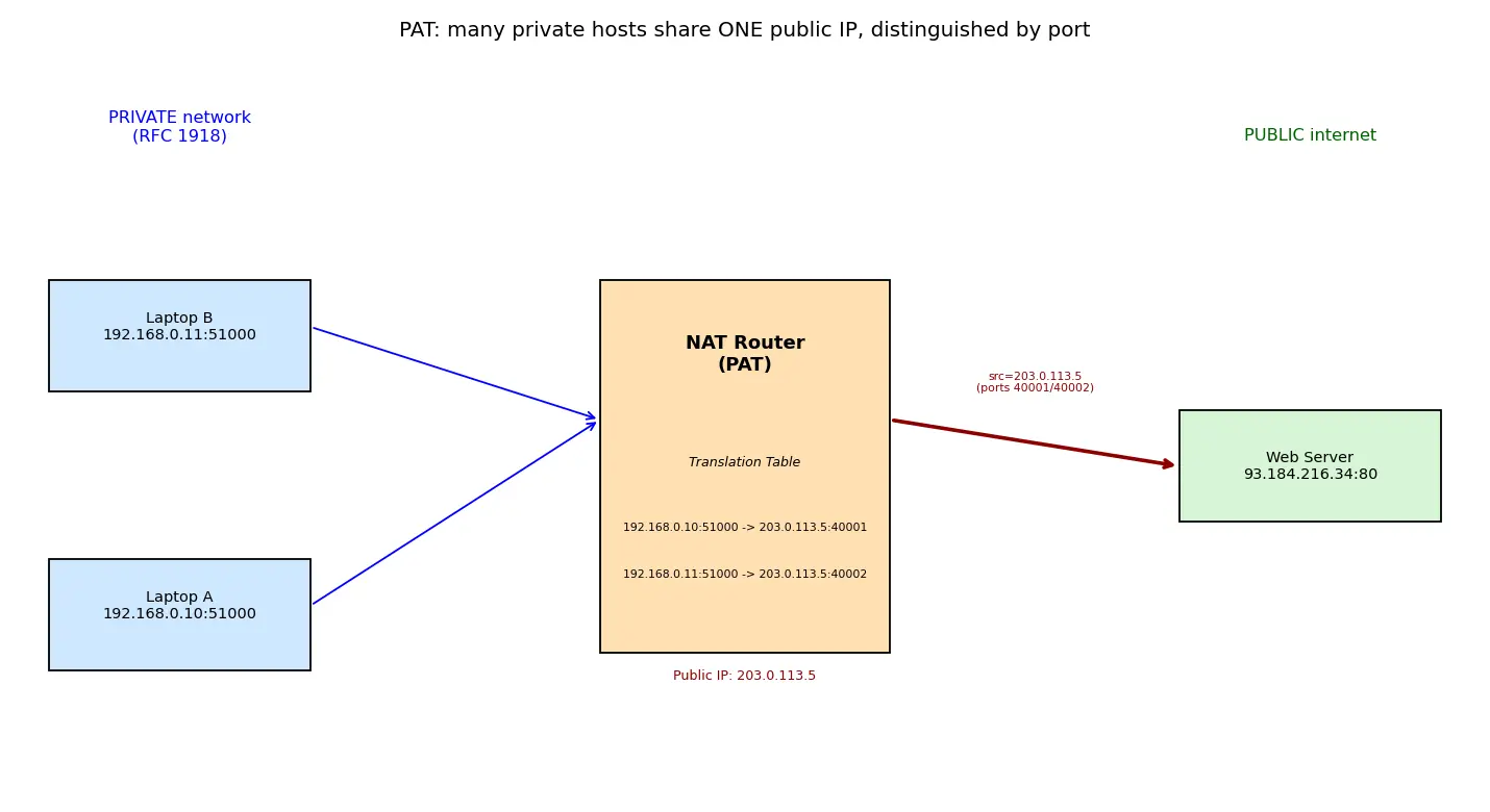 Figure — NAT — why, how, types (SNAT, DNAT, PAT)