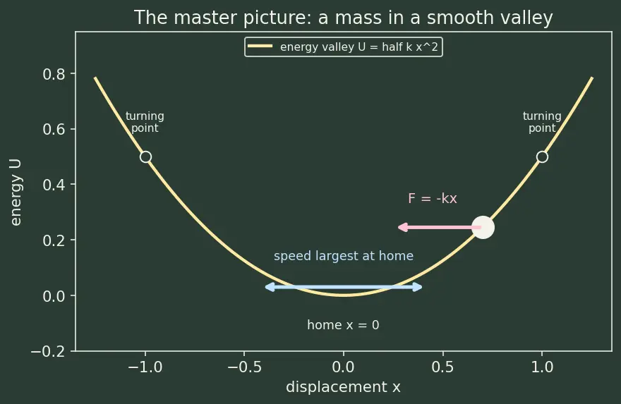 Figure — Simple harmonic motion — definition, restoring force F = −kx