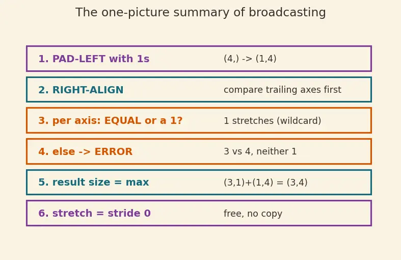Figure — Broadcasting — rules, why it works, gotchas