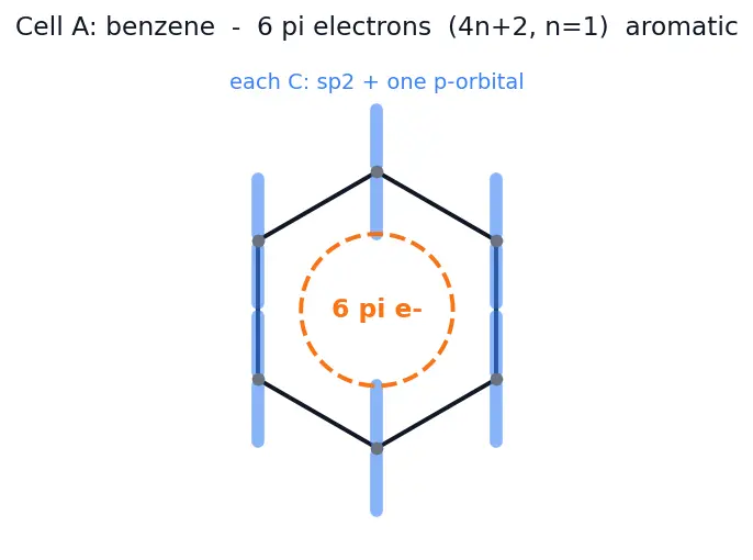 Figure — Aromaticity — Hückel's rule (4n + 2 π electrons); examples (benzene, naphthalene, pyridine, furan, cyclopentadienyl anio