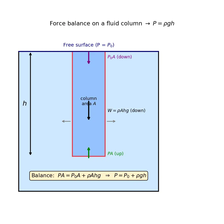Figure — Hydrostatics — pressure = ρgh, derivation