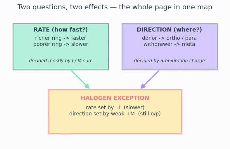 Figure — Activating vs deactivating groups; ortho - para vs meta directors; reactivity order