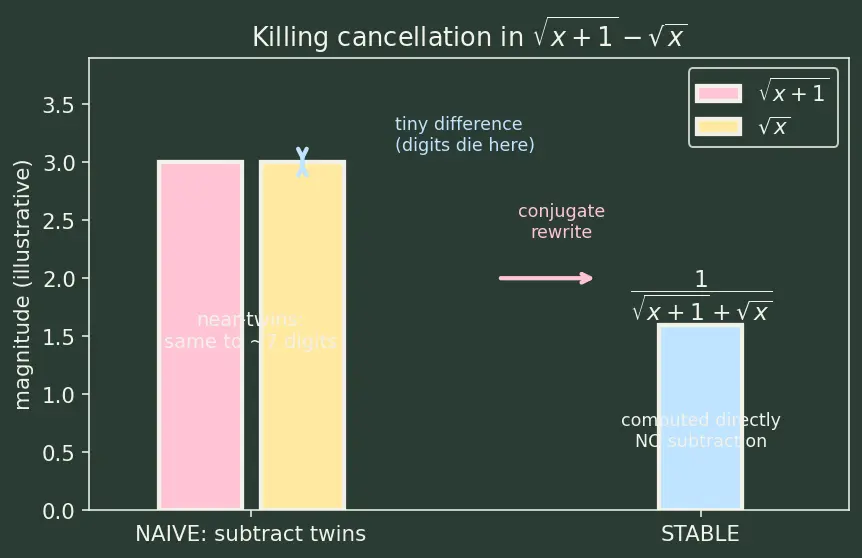 Figure — Floating point gotchas — catastrophic cancellation, associativity failure