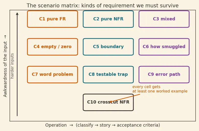 Figure — Requirements — functional vs non-functional, user stories, acceptance criteria