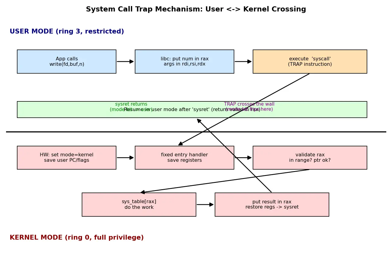 Figure — System calls — user mode vs kernel mode, trap mechanism