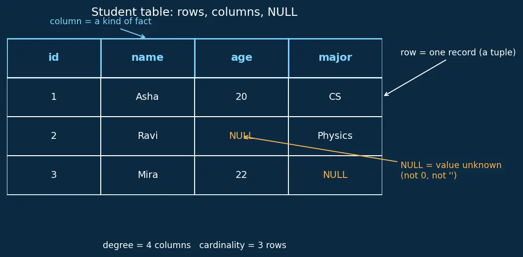 Figure — Relational model — tables, rows, columns, NULL