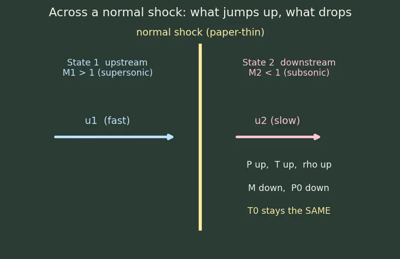 Figure — Normal shock properties — M₂, P₂ - P₁, T₂ - T₁, ρ₂ - ρ₁, P₀₂ - P₀₁