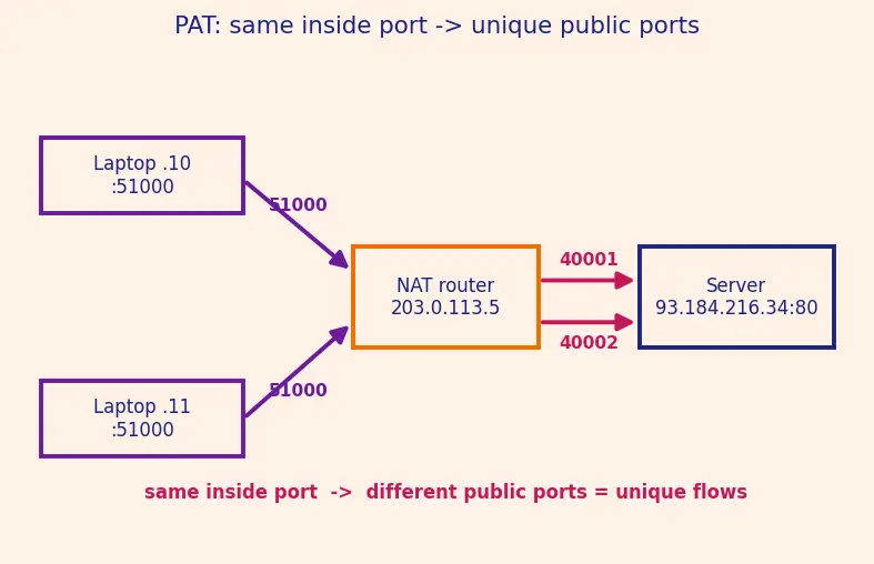 Figure — NAT — why, how, types (SNAT, DNAT, PAT)