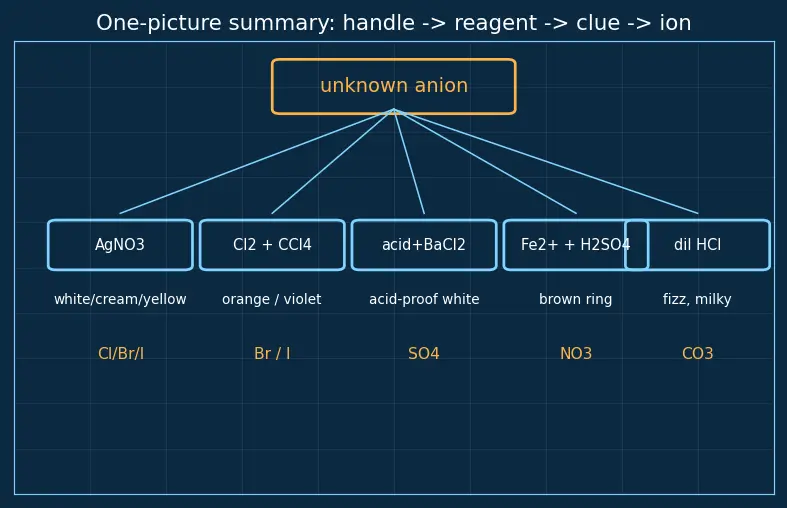 Figure — Common anions — Cl⁻, Br⁻, I⁻, SO₄²⁻, NO₃⁻, CO₃²⁻ — confirmatory tests