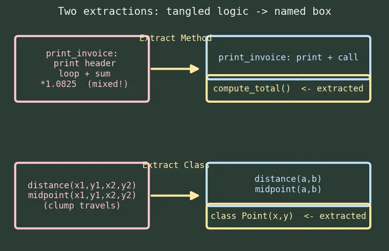 Figure — Refactoring — code smells, common refactorings (extract method, rename, etc.)