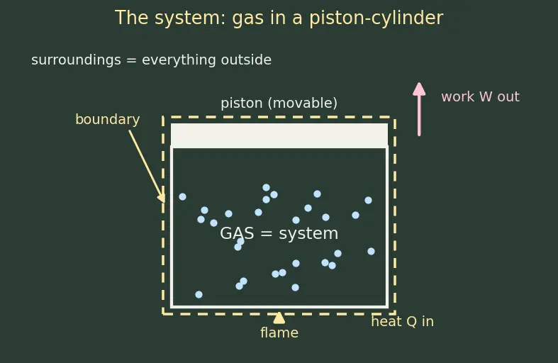 Figure — First law of thermodynamics — dU = dQ − dW, sign conventions