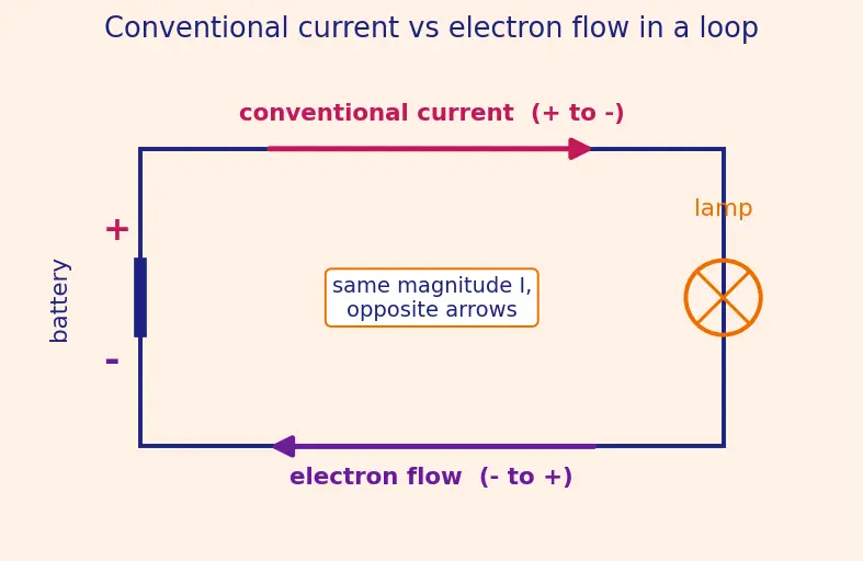 Figure — Understand conventional current vs electron flow direction
