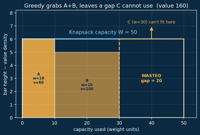 Figure — When greedy fails — 0 - 1 knapsack counter-example
