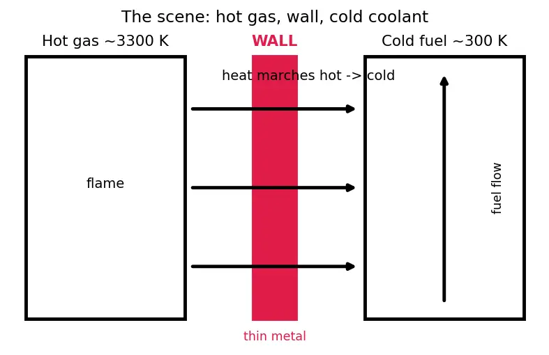 Figure — Regenerative cooling — heat flux, coolant flow, pressure drop