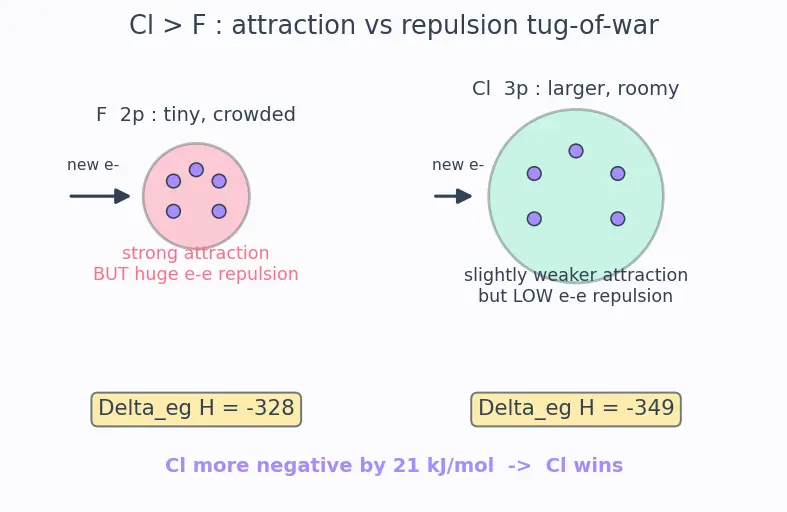 Figure — Electron gain enthalpy  -  electron affinity — trends, anomalies (e.g. Cl  -  F)