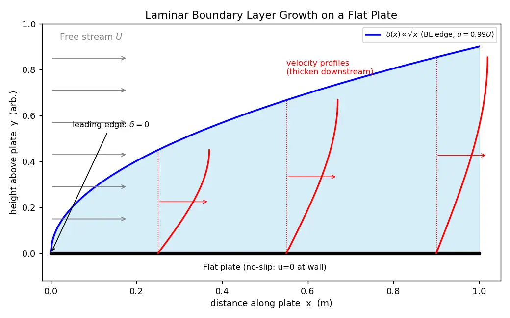 Figure — Boundary layer — Prandtl's concept, growth along flat plate