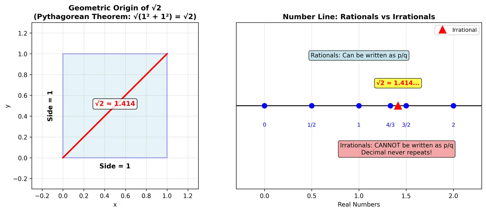Figure — Irrational numbers — √2, π, e — proof that √2 is irrational