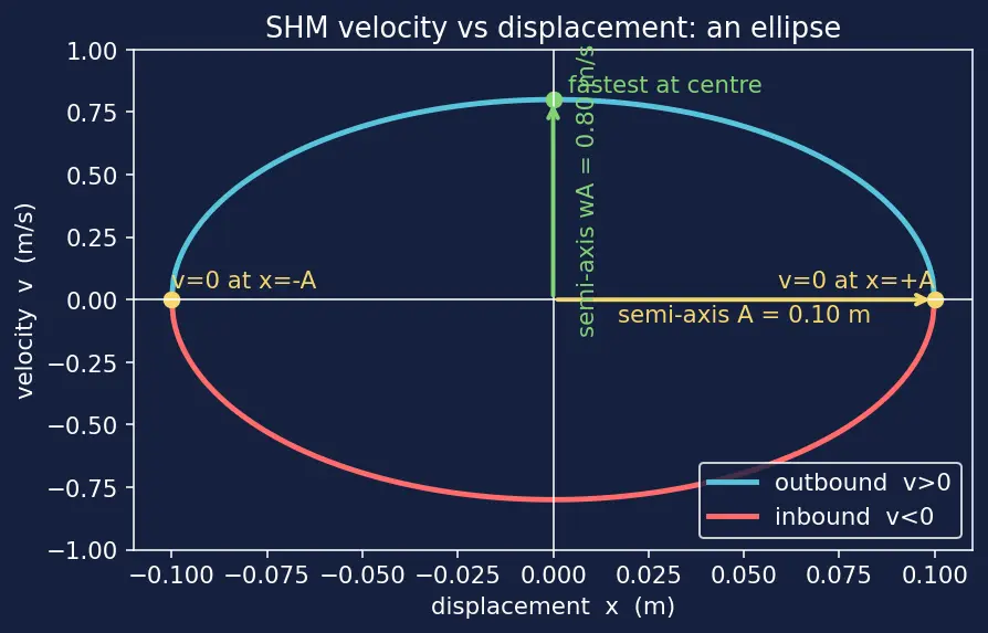 Figure — Velocity and acceleration in SHM — v = ω√(A² − x²)
