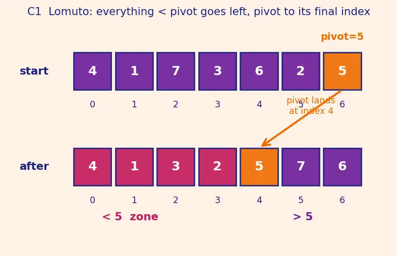 Figure — Quick sort — Lomuto - Hoare partition, pivot strategies, expected O(n log n), worst case