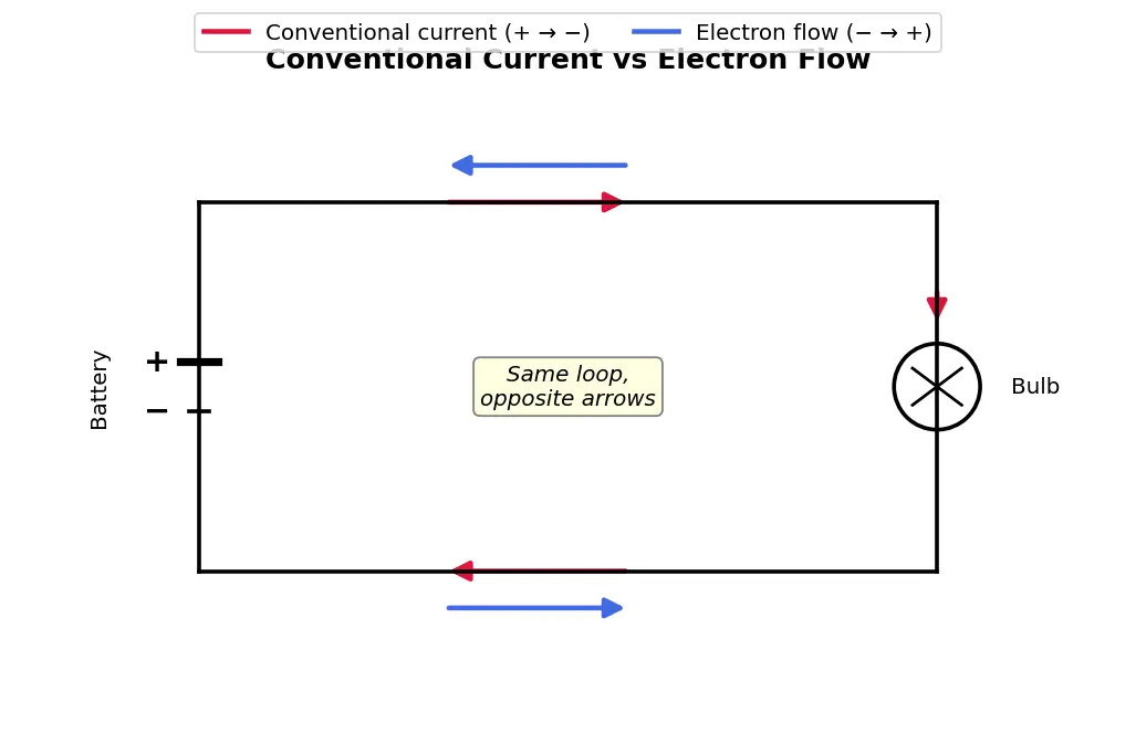 Figure — Understand conventional current vs electron flow direction