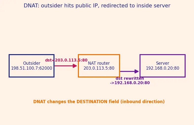 Figure — NAT — why, how, types (SNAT, DNAT, PAT)