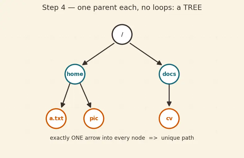 Figure — Directory structure — tree, DAG (hard links, symbolic links)