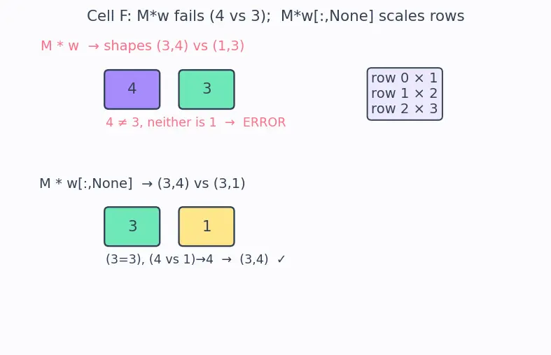 Figure — Broadcasting — rules, why it works, gotchas