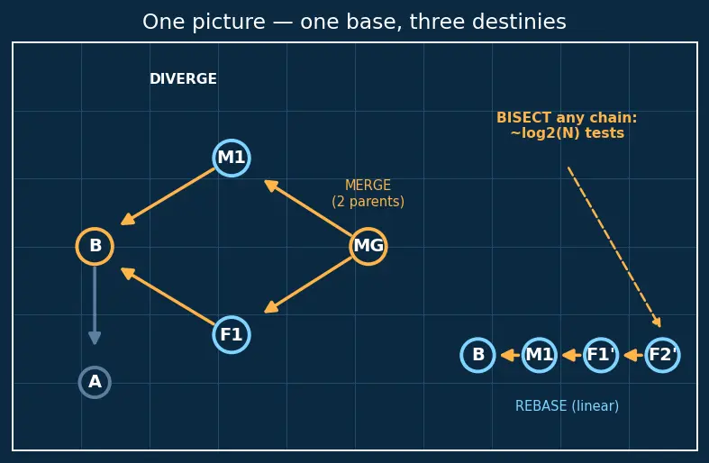 Figure — Git operations — branch, merge, rebase, cherry-pick, stash, bisect