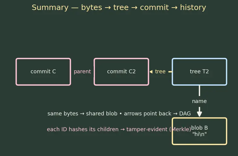 Figure — Git internals — objects (blob, tree, commit, tag), DAG structure