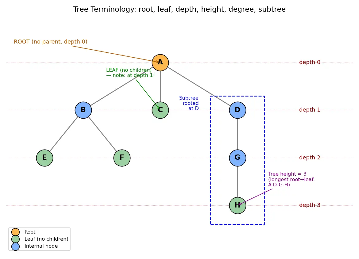 Figure — Tree terminology — root, leaf, height, depth, degree, subtree