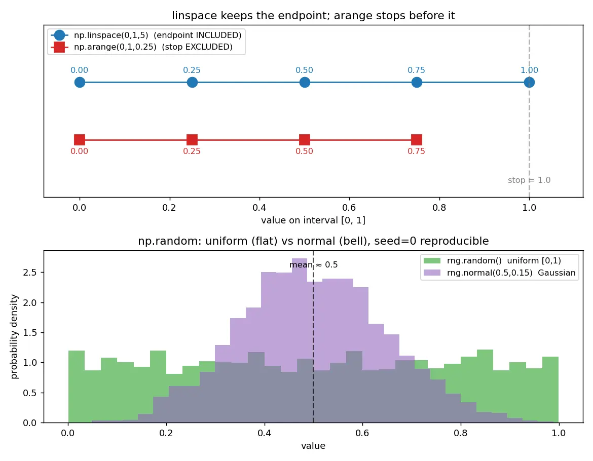 Figure — Array creation — np.zeros, np.ones, np.linspace, np.arange, np.random