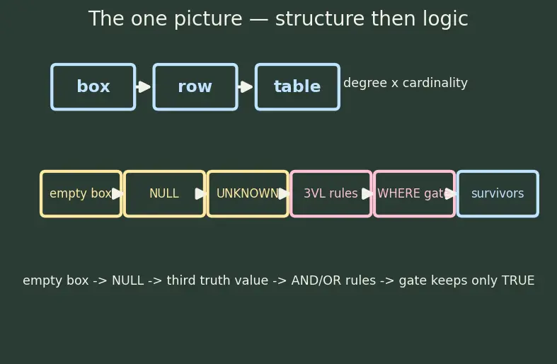 Figure — Relational model — tables, rows, columns, NULL