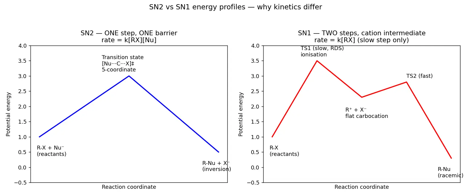 Figure — Alkyl halides — preparation, SN1 vs SN2 (mechanism, kinetics, stereochemistry), E1 vs E2 (mechanism, Zaitsev - Hofmann)