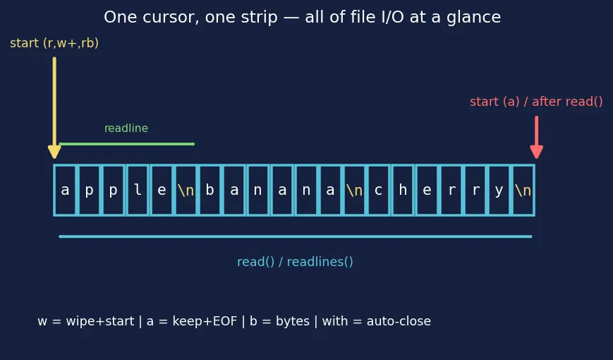 Figure — File I - O — open modes (r, w, a, rb), read, readline, readlines, write