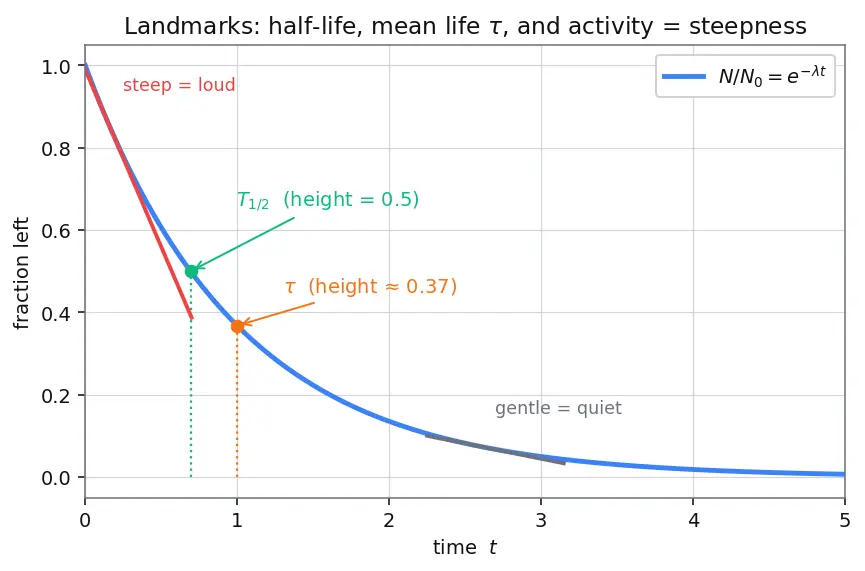 Figure — Decay law — N = N₀ e^(−λt), half-life, activity