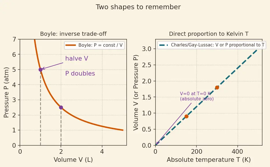 Figure — Gas laws — Boyle (PV const at T), Charles (V - T const at P), Gay-Lussac (P - T const at V)