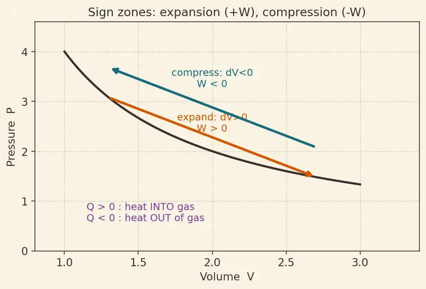 Figure — First law of thermodynamics — dU = dQ − dW, sign conventions