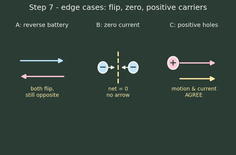 Figure — Understand conventional current vs electron flow direction