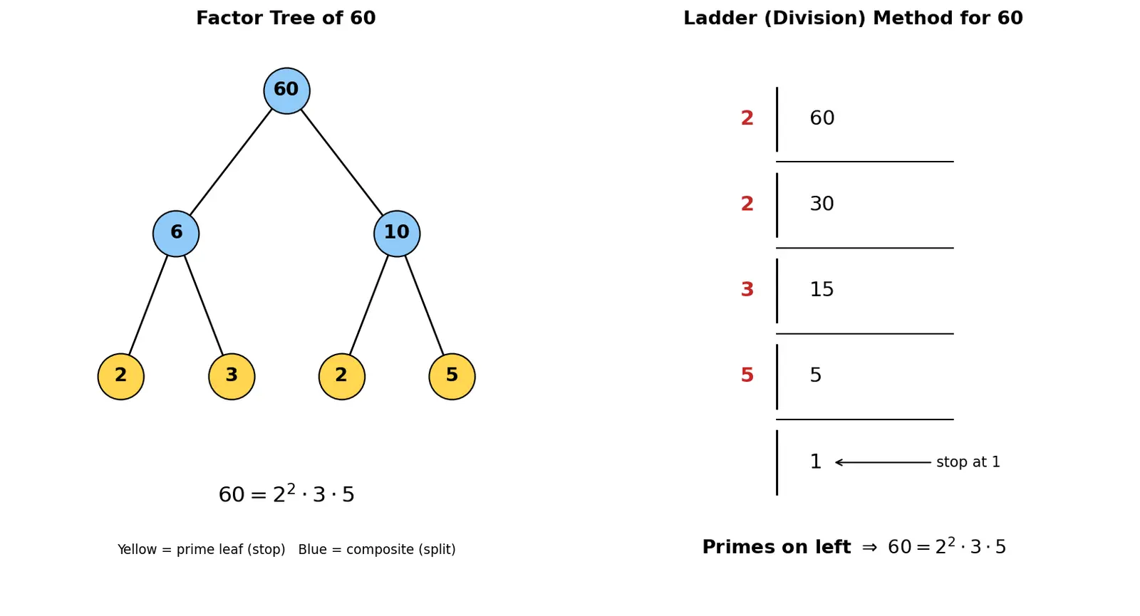 Figure — Prime factorization — factor trees, ladder method