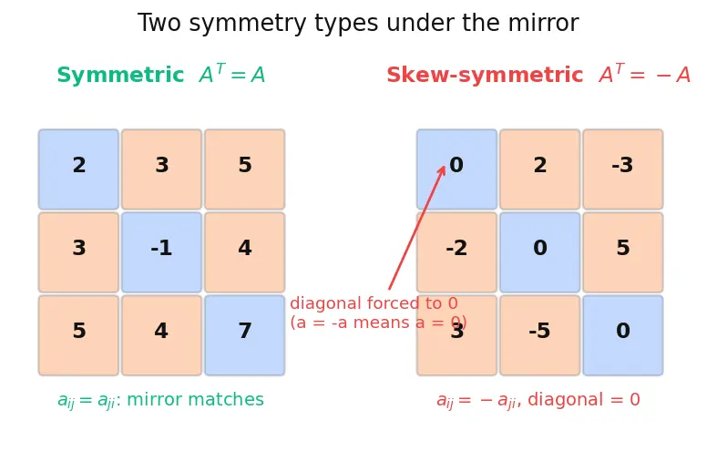 Figure — Types of matrices — row, column, square, diagonal, identity, zero, symmetric, skew-symmetric