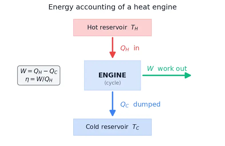Figure — Heat engines — efficiency η = 1 − Q_C - Q_H