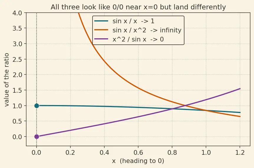Figure — L'Hôpital's rule — proof using linear approximation, 0 - 0, ∞ - ∞, other indeterminate forms