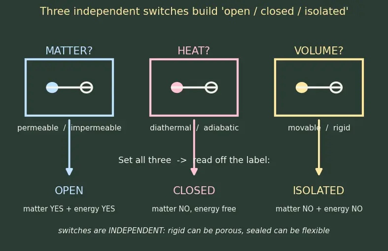 Figure — System vs surroundings; open, closed, isolated