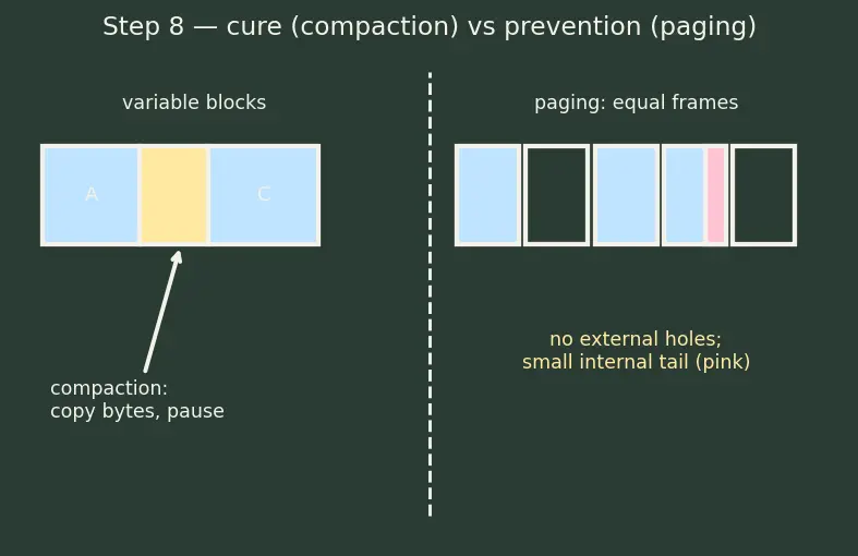 Figure — Fragmentation — internal vs external, compaction