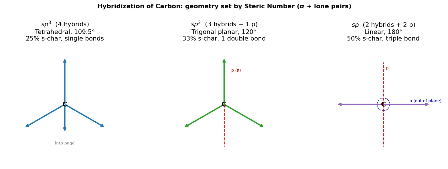 Figure — Tetravalency of carbon; hybridization recap (sp, sp², sp³)
