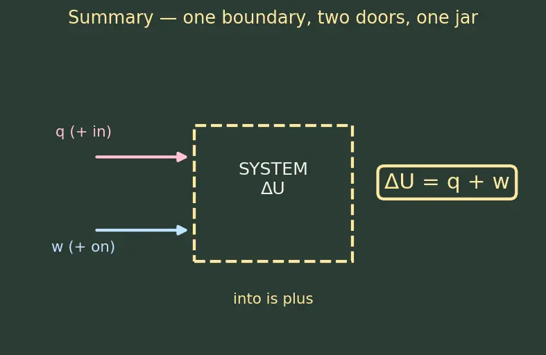 Figure — First law -  ΔU = q + w (chemist sign convention)