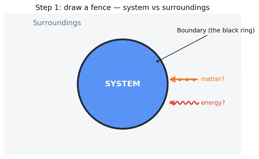 Figure — System vs surroundings; open, closed, isolated